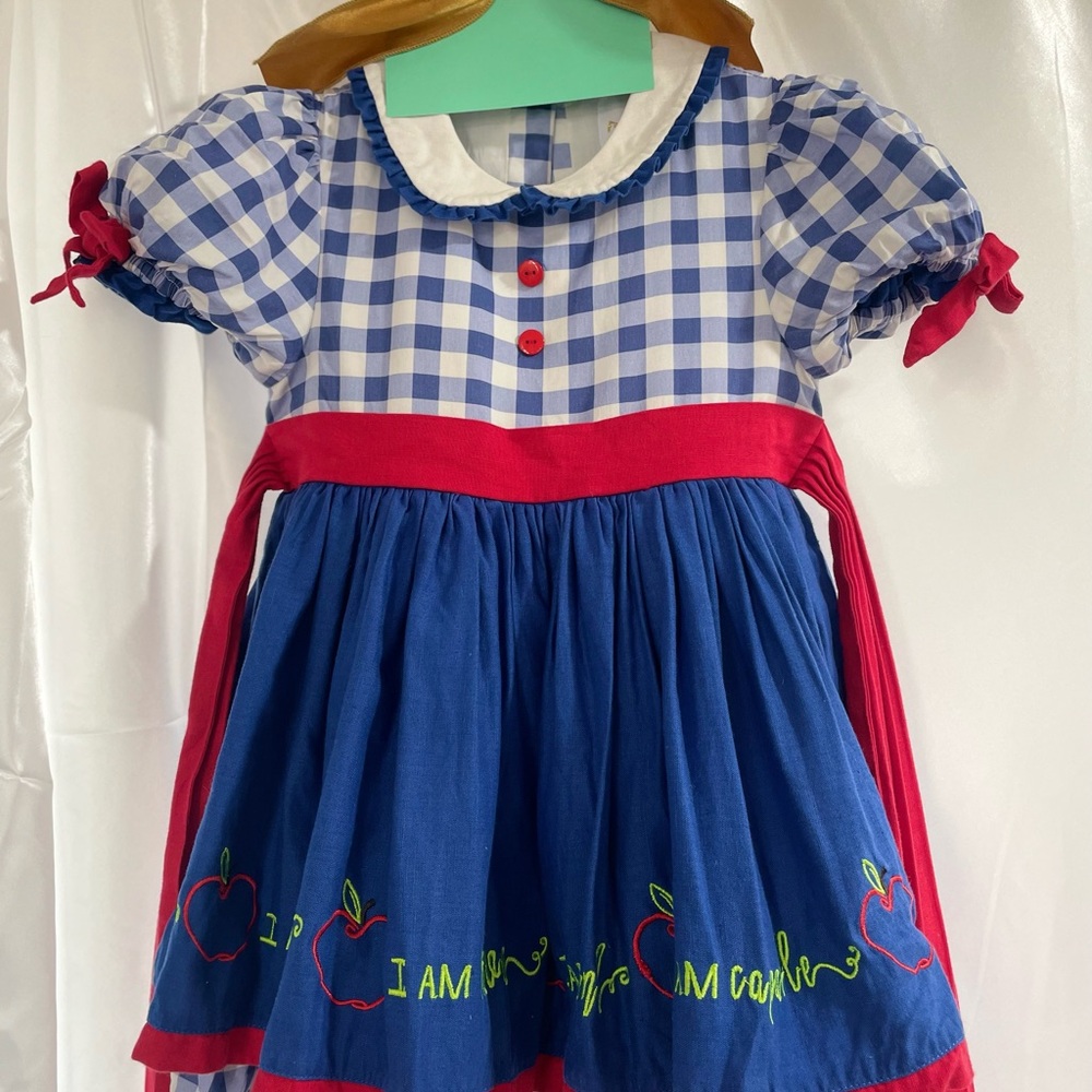 Charming Blue and Red Kids Dress with Apple Embroidery Back to school - Picture 1 of 2
